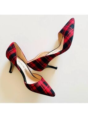 Sole Society Jenn Plaid Pointed Toe Heels in Red Black Buffalo Check